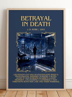 Betrayal In Death Minimalist Book Poster by J. D. Robb – framed print leaning on a wooden floor