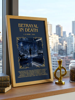 Betrayal In Death Minimalist Book Poster by J. D. Robb – framed print on a city-view windowsill