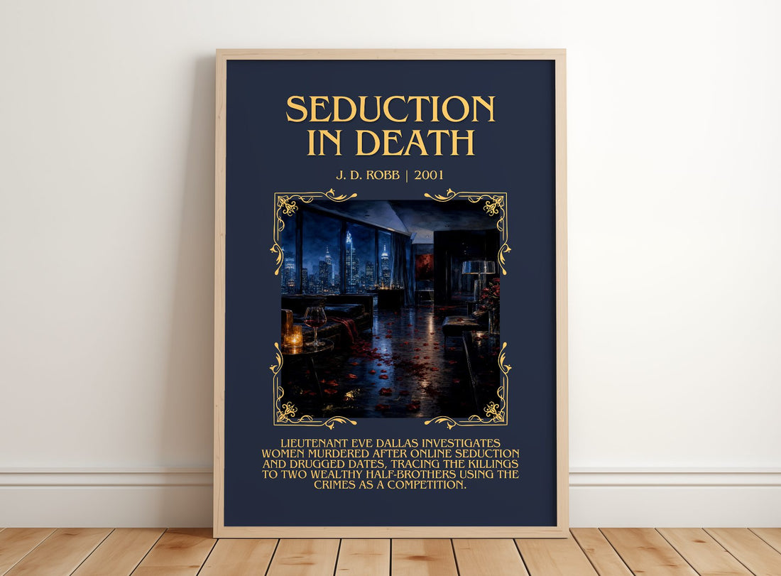 Seduction In Death Minimalist Book Poster by J. D. Robb – framed print leaning on a wooden floor