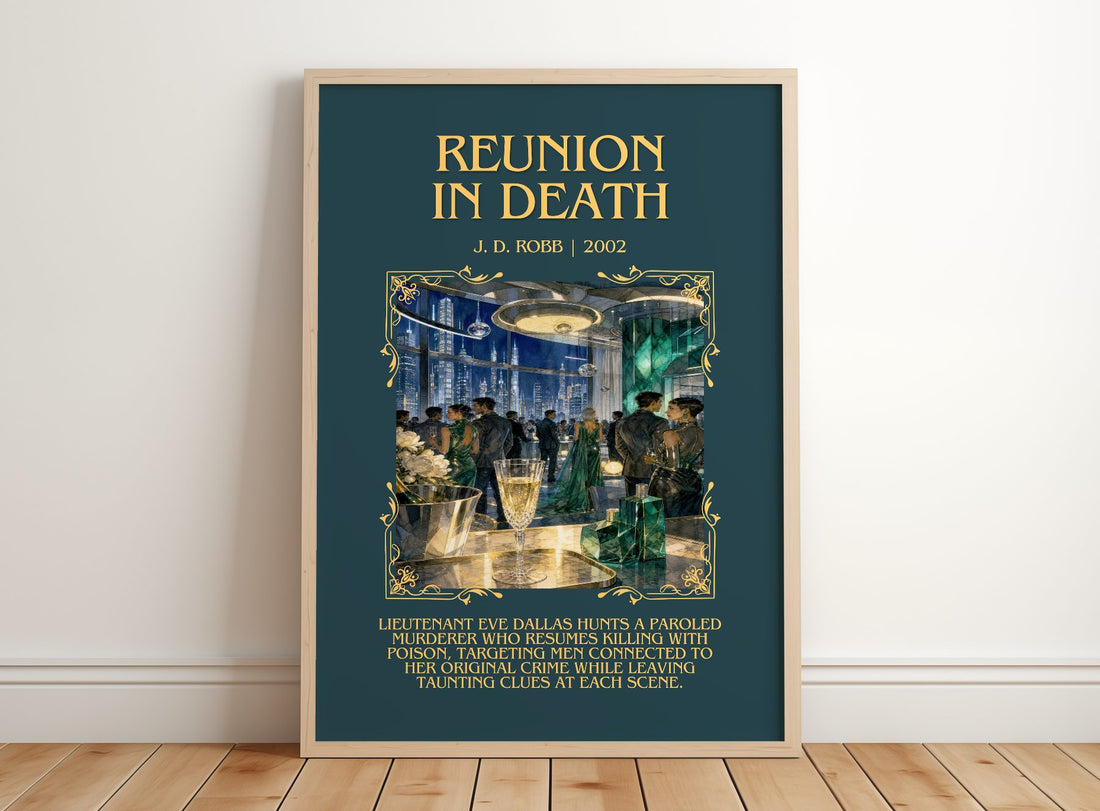 Reunion In Death Minimalist Book Poster by J. D. Robb – framed print leaning on a wooden floor