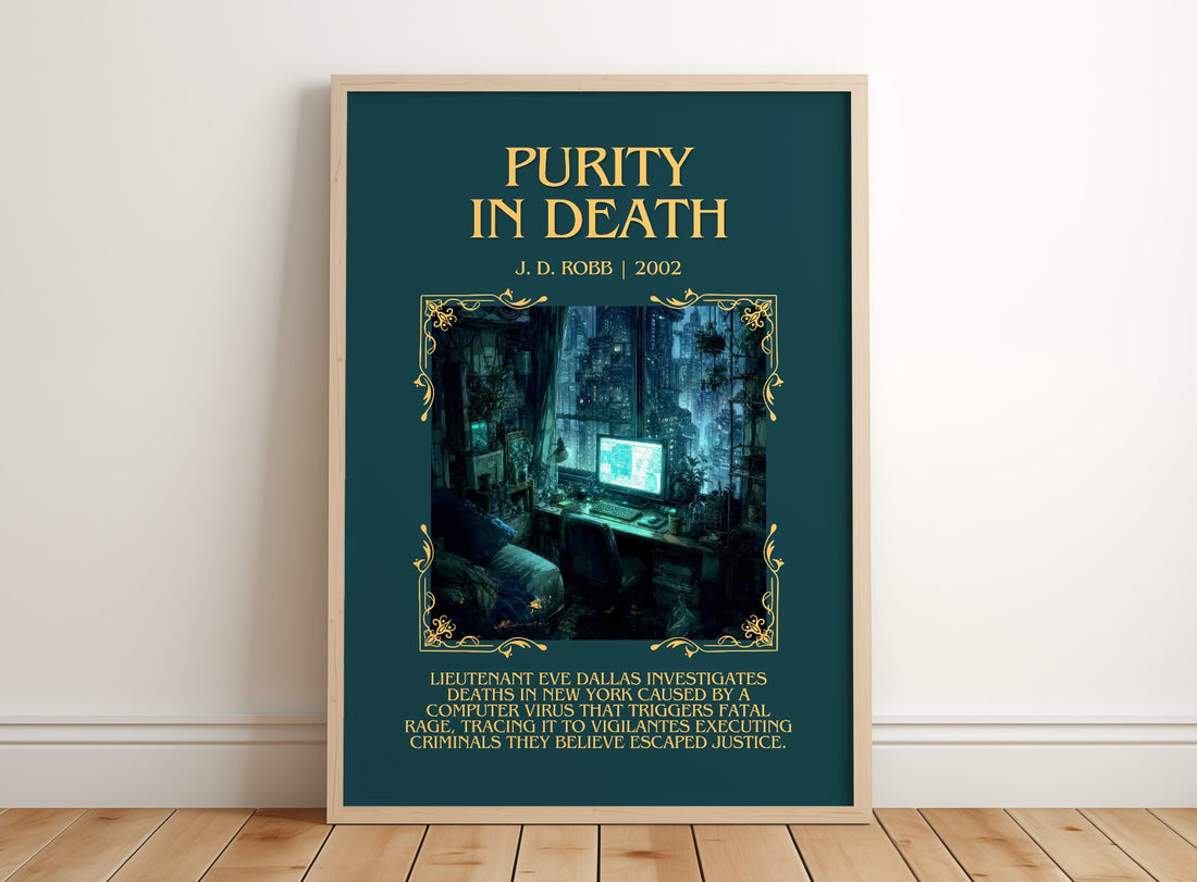 Purity In Death Minimalist Book Poster by J. D. Robb – framed print leaning on a wooden floor