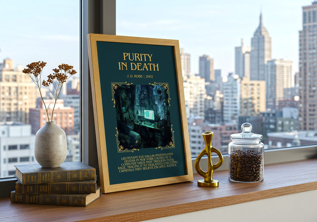 Purity In Death Minimalist Book Poster by J. D. Robb – framed print on a city-view windowsill