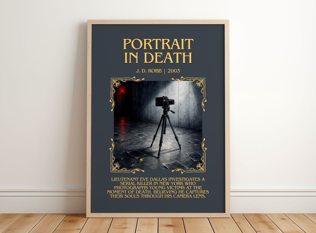 Portrait In Death Minimalist Book Poster by J. D. Robb – framed print leaning on a wooden floor