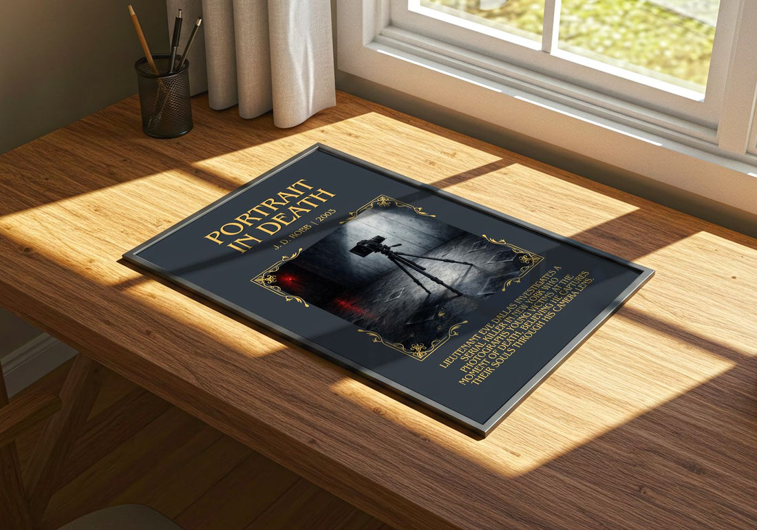 Portrait In Death Minimalist Book Poster by J. D. Robb – print on a sunlit desk