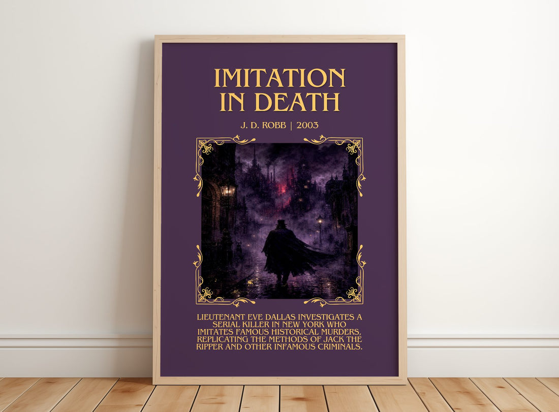 Imitation In Death Minimalist Book Poster by J. D. Robb – framed print leaning on a wooden floor