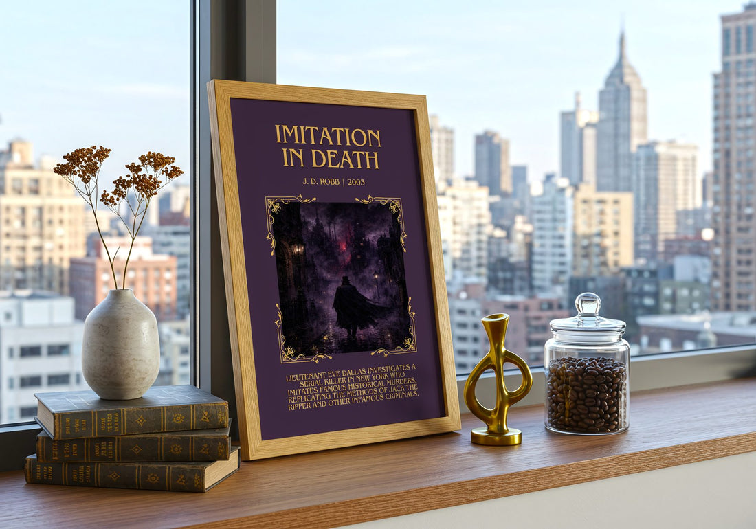 Imitation In Death Minimalist Book Poster by J. D. Robb – framed print on a city-view windowsill