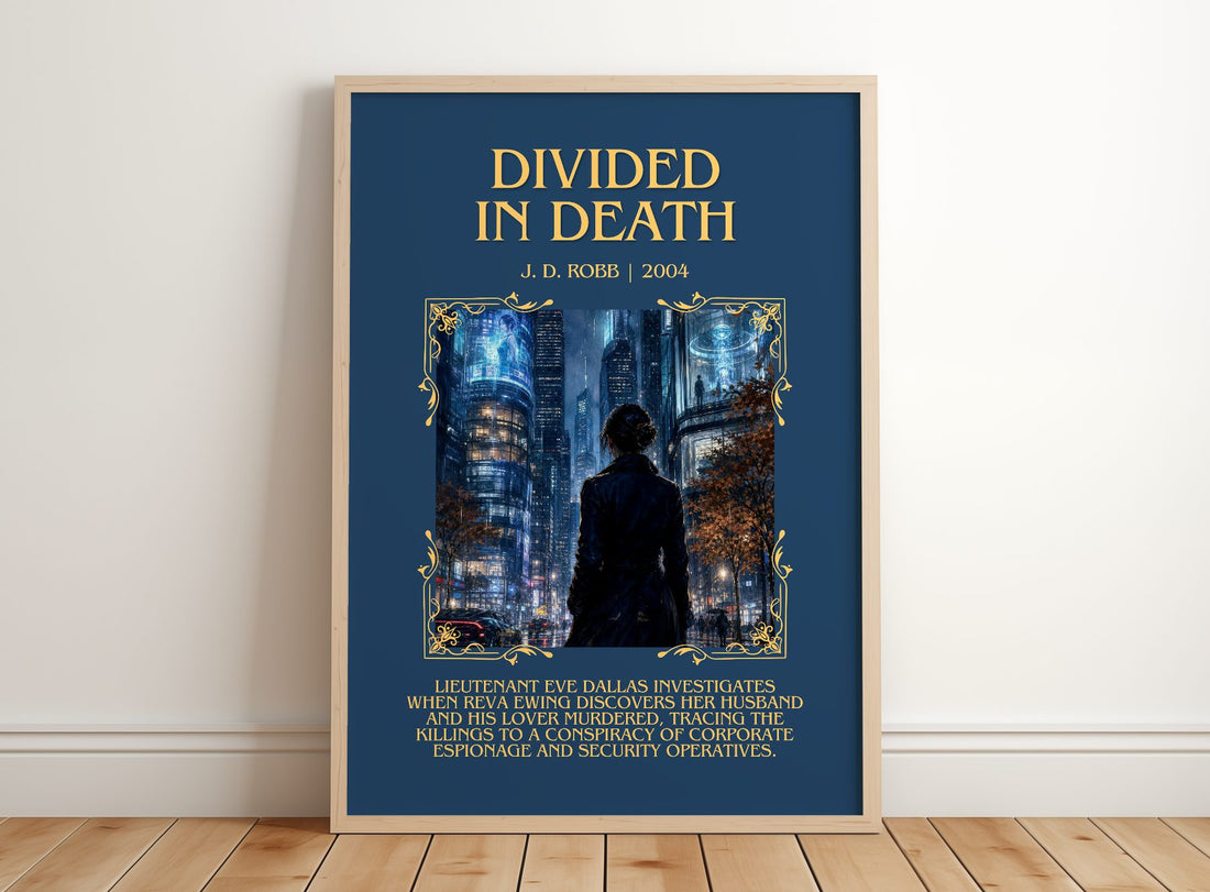 Divided In Death Minimalist Book Poster by J. D. Robb – framed print leaning on a wooden floor