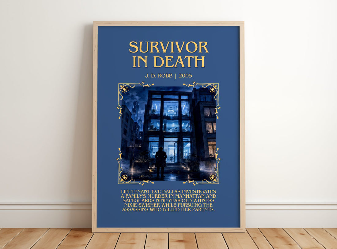 Survivor In Death Minimalist Book Poster by J. D. Robb – framed print leaning on a wooden floor