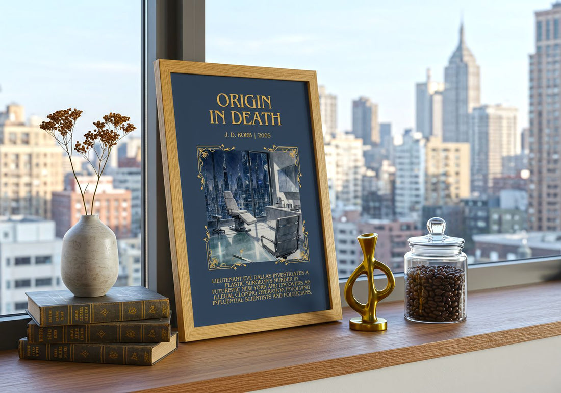 Origin In Death Minimalist Book Poster by J. D. Robb – framed print on a city-view windowsill