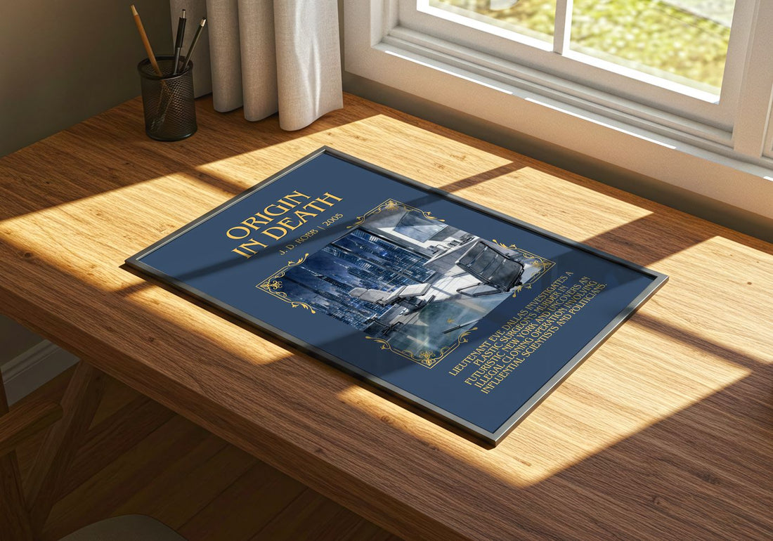 Origin In Death Minimalist Book Poster by J. D. Robb – print on a sunlit desk