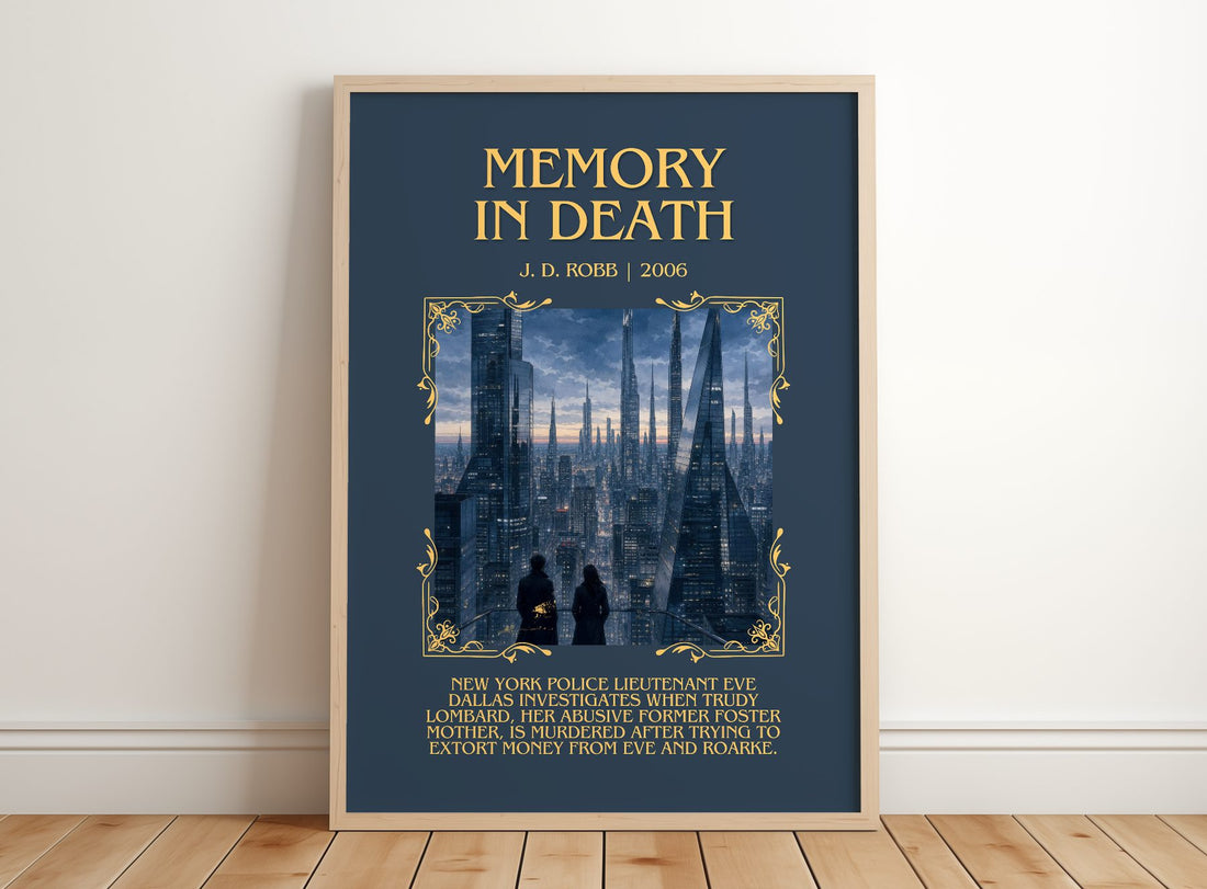 Memory In Death Minimalist Book Poster by J. D. Robb – framed print leaning on a wooden floor