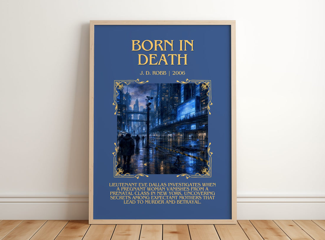 Born In Death Minimalist Book Poster by J. D. Robb – framed print leaning on a wooden floor