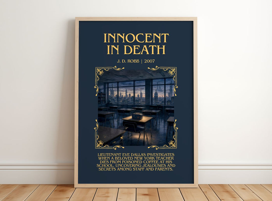 Innocent In Death Minimalist Book Poster by J. D. Robb – framed print leaning on a wooden floor