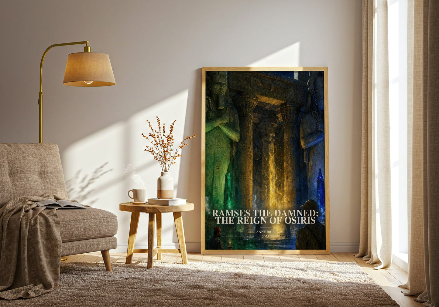 Ramses The Damned: The Reign Of Osiris watercolour print in frame leaning in hallway – fantasy wall art