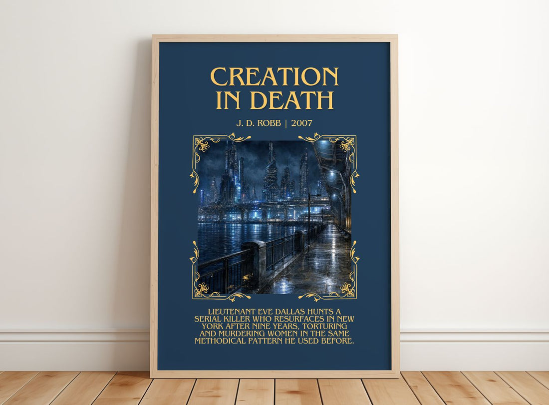 Creation In Death Minimalist Book Poster by J. D. Robb – framed print leaning on a wooden floor