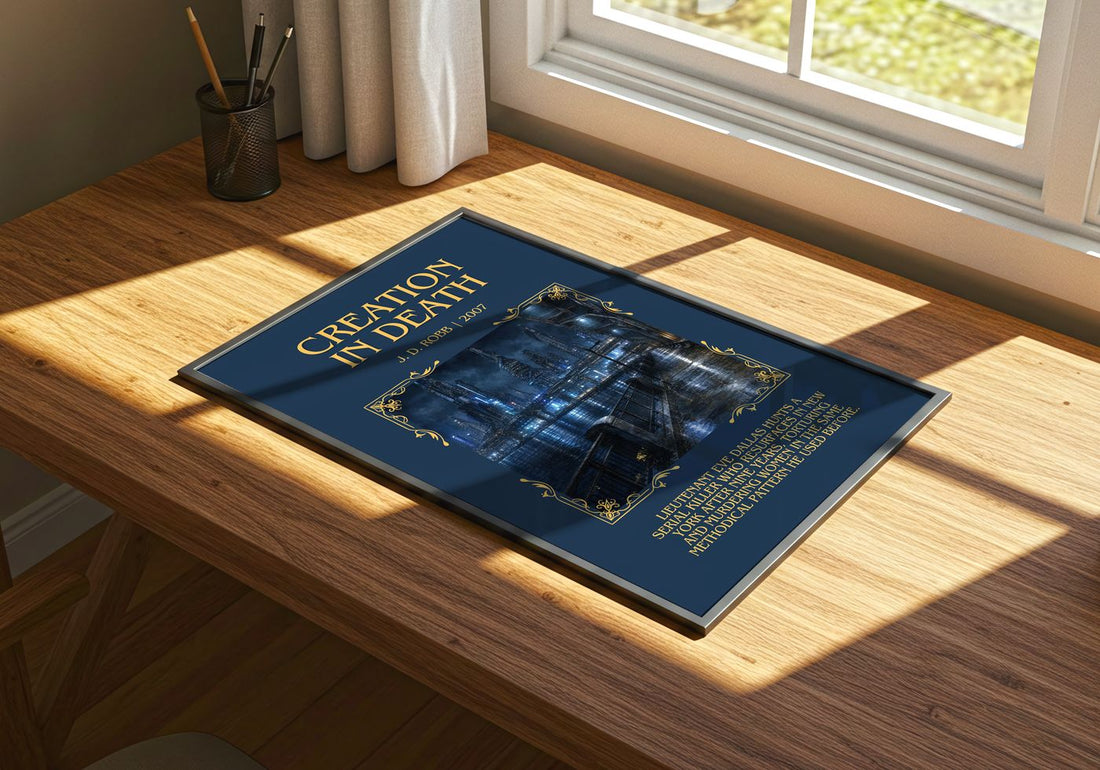 Creation In Death Minimalist Book Poster by J. D. Robb – print on a sunlit desk