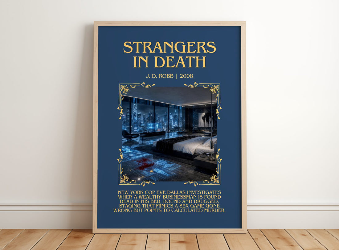 Strangers In Death Minimalist Book Poster by J. D. Robb – framed print leaning on a wooden floor