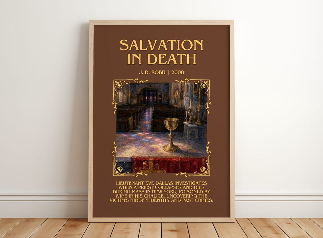 Salvation In Death Minimalist Book Poster by J. D. Robb – framed print leaning on a wooden floor