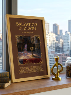 Salvation In Death Minimalist Book Poster by J. D. Robb – framed print on a city-view windowsill