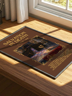 Salvation In Death Minimalist Book Poster by J. D. Robb – print on a sunlit desk