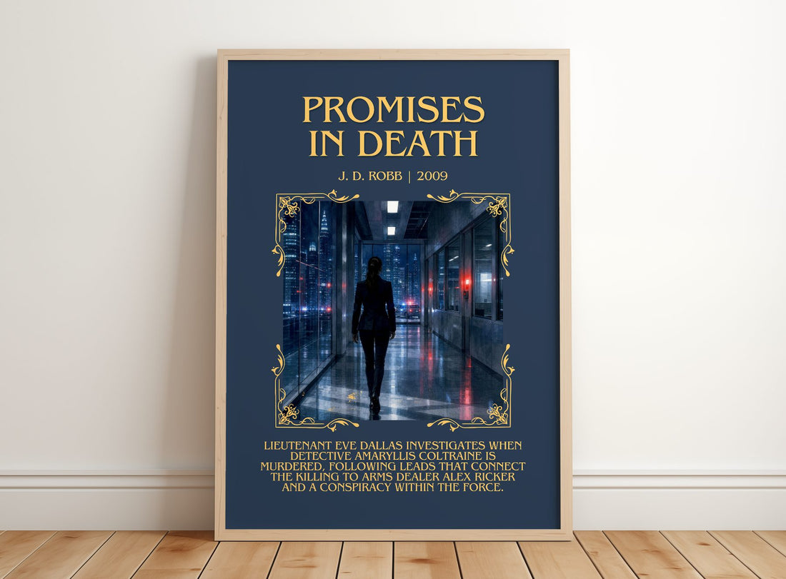 Promises In Death Minimalist Book Poster by J. D. Robb – framed print leaning on a wooden floor