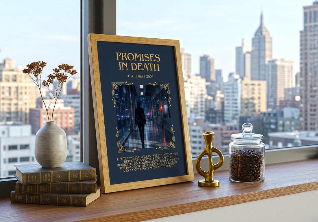 Promises In Death Minimalist Book Poster by J. D. Robb – framed print on a city-view windowsill