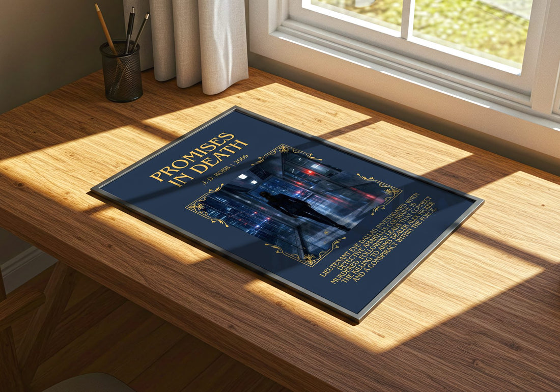 Promises In Death Minimalist Book Poster by J. D. Robb – print on a sunlit desk