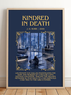Kindred In Death Minimalist Book Poster by J. D. Robb – framed print leaning on a wooden floor