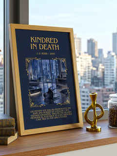 Kindred In Death Minimalist Book Poster by J. D. Robb – framed print on a city-view windowsill