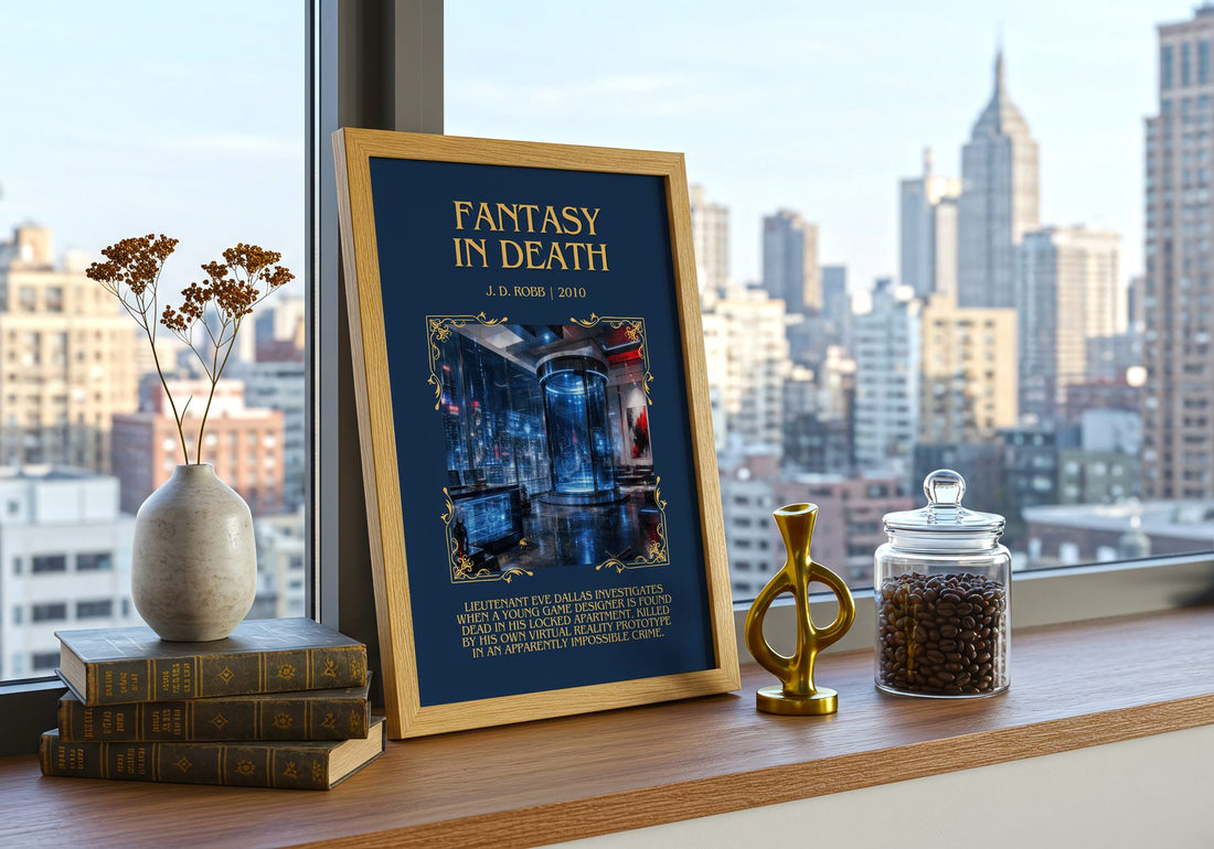 Fantasy In Death Minimalist Book Poster by J. D. Robb – framed print on a city-view windowsill