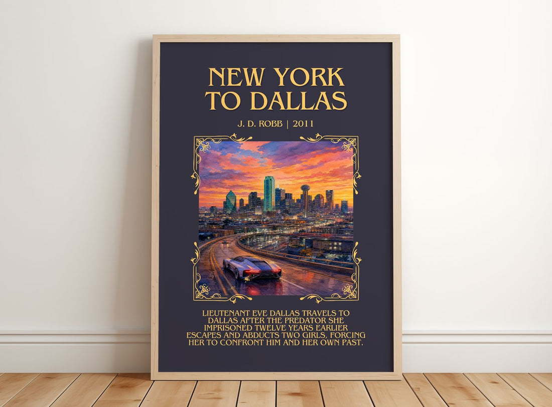 New York To Dallas Minimalist Book Poster by J. D. Robb – framed print leaning on a wooden floor