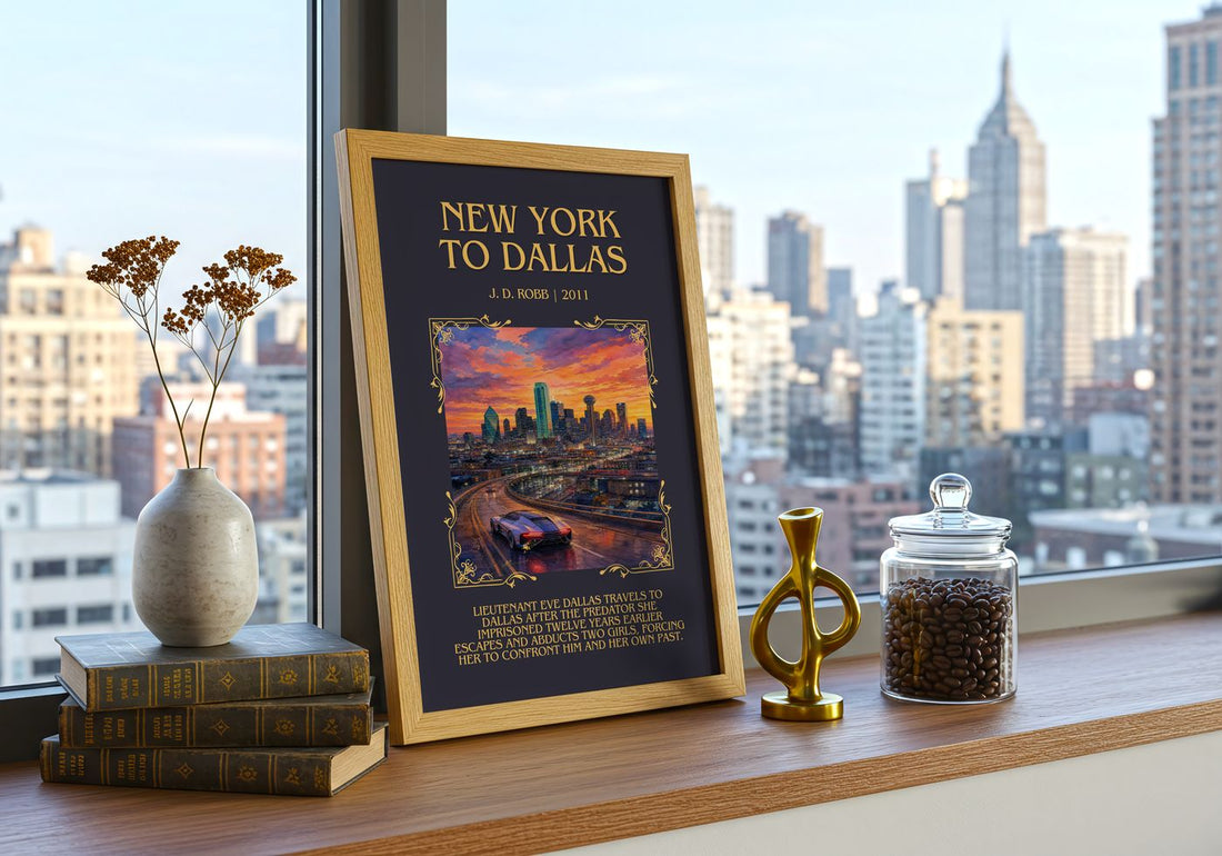 New York To Dallas Minimalist Book Poster by J. D. Robb – framed print on a city-view windowsill