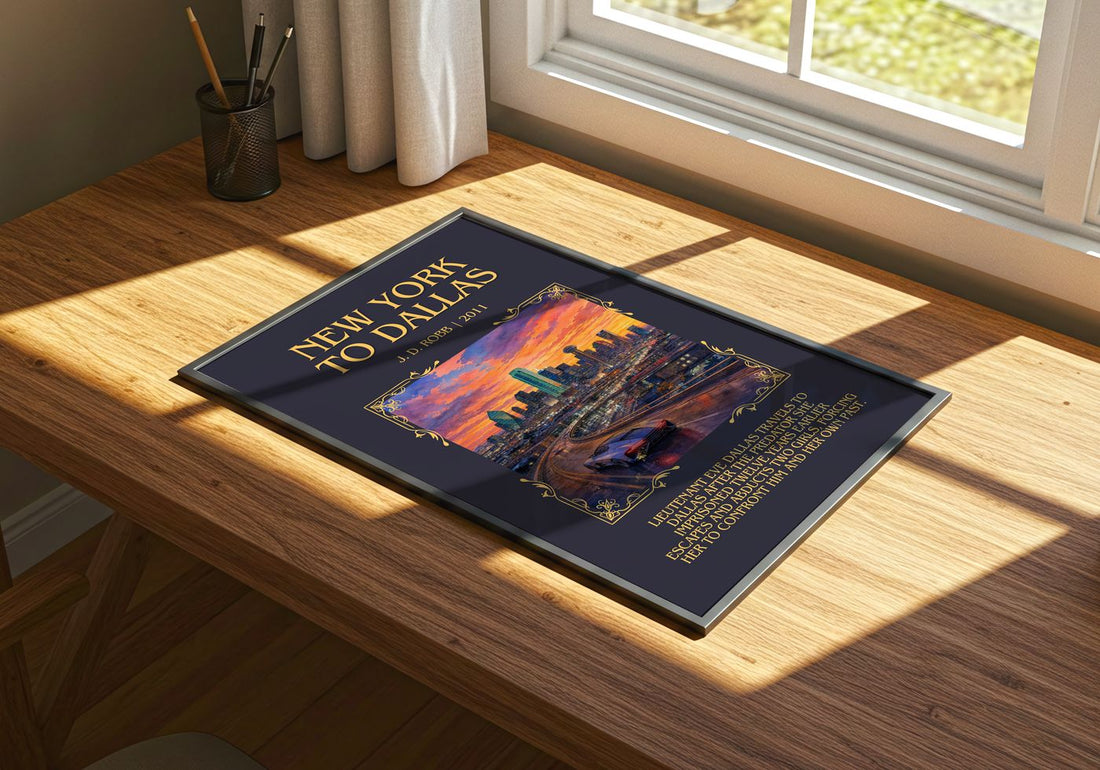New York To Dallas Minimalist Book Poster by J. D. Robb – print on a sunlit desk