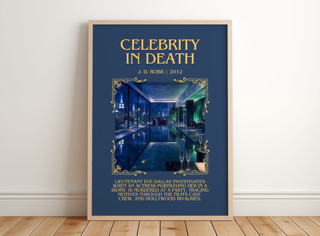 Celebrity In Death Minimalist Book Poster by J. D. Robb – framed print leaning on a wooden floor