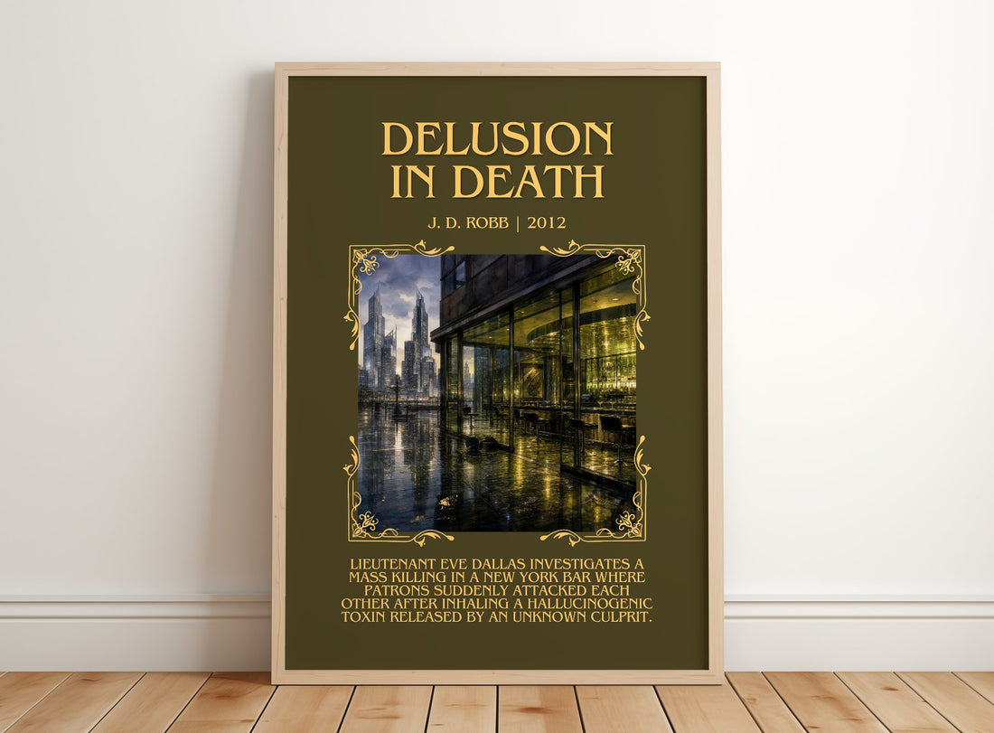Delusion In Death Minimalist Book Poster by J. D. Robb – framed print leaning on a wooden floor