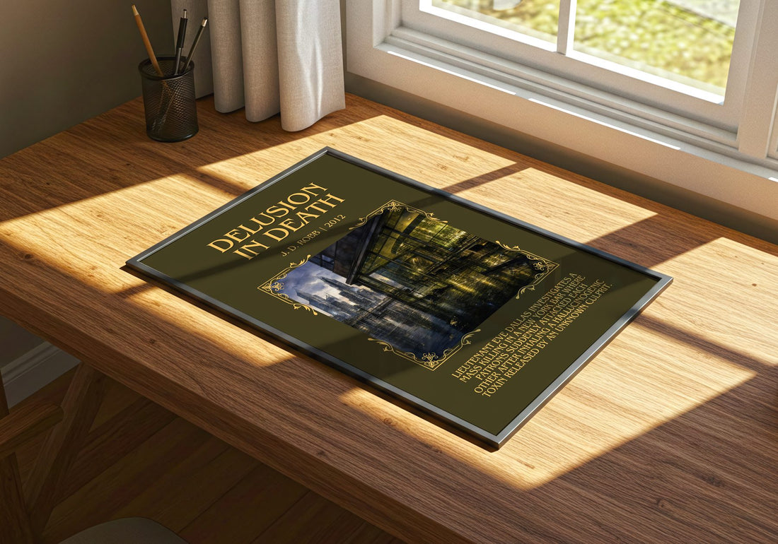 Delusion In Death Minimalist Book Poster by J. D. Robb – print on a sunlit desk