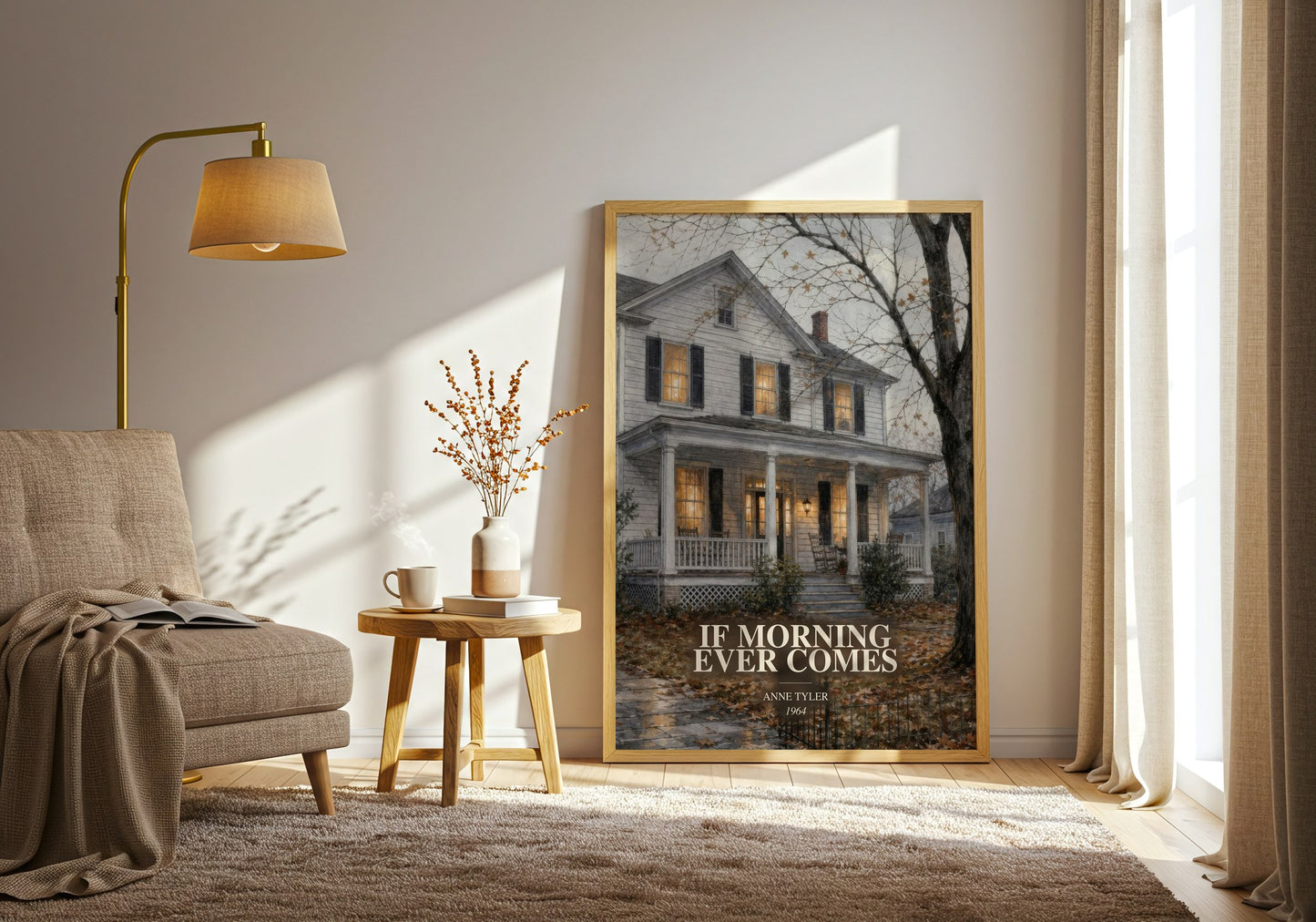 If Morning Ever Comes watercolour print in frame leaning in hallway – literary fiction wall art