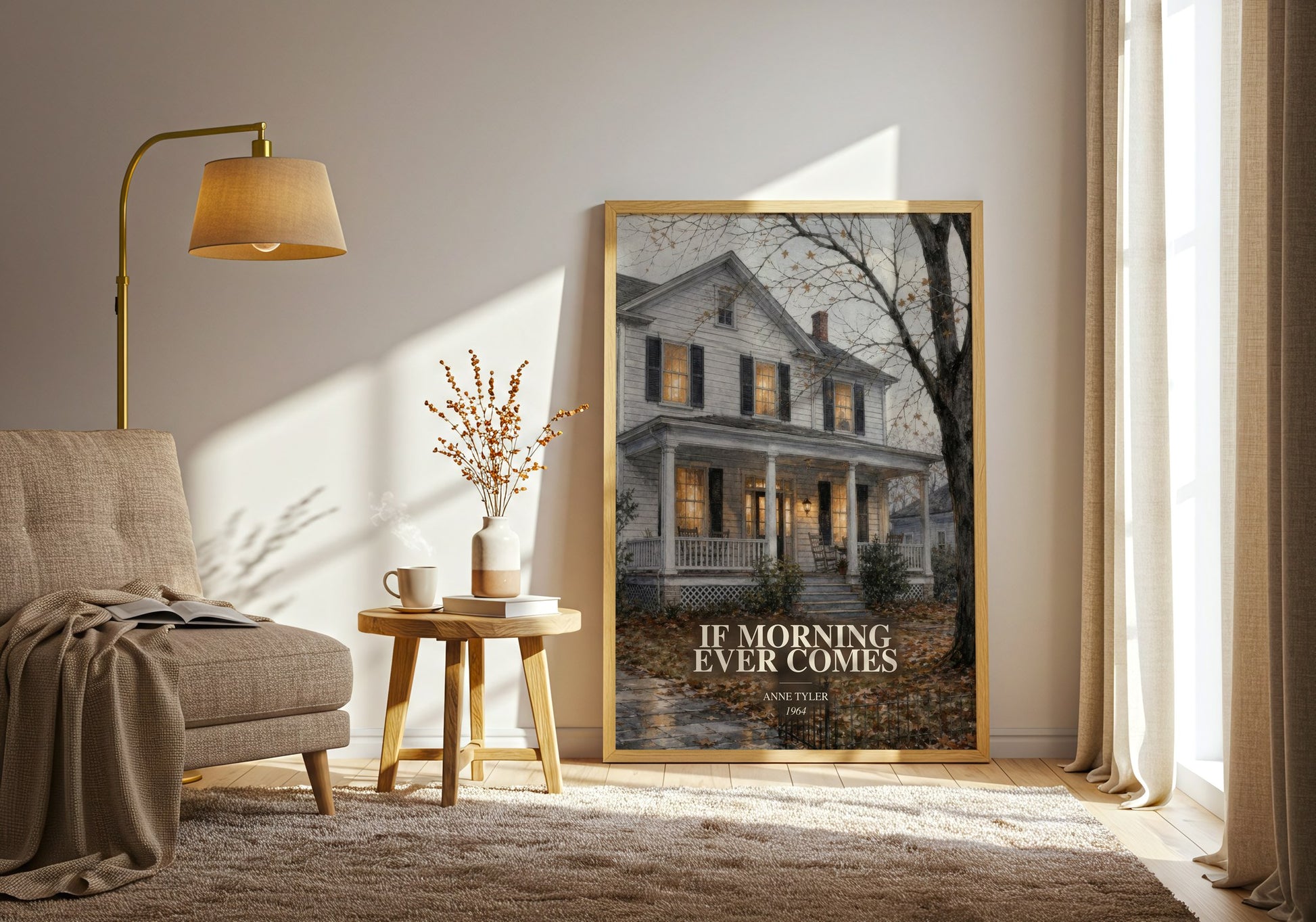 If Morning Ever Comes watercolour print in frame leaning in hallway – literary fiction wall art