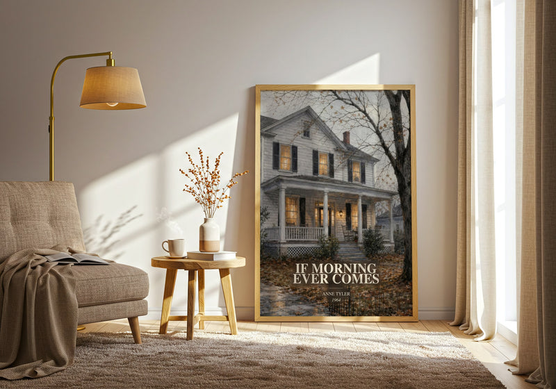 If Morning Ever Comes watercolour print in frame leaning in hallway – literary fiction wall art