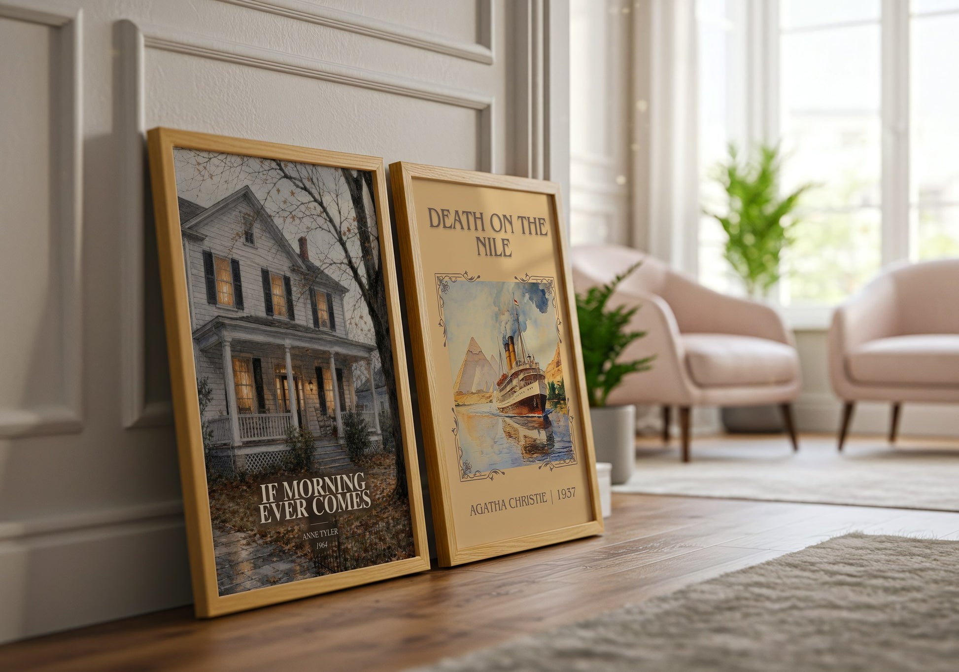 If Morning Ever Comes watercolour print framed by window – literary home decor
