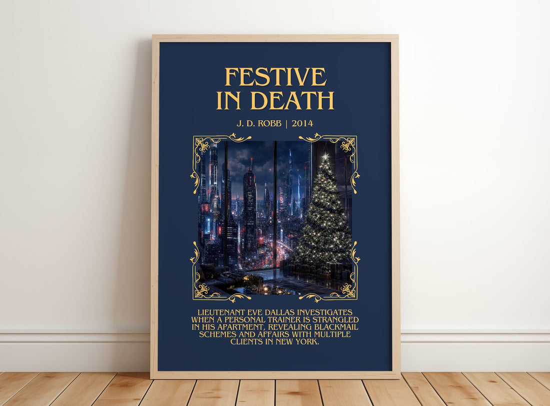 Festive In Death Minimalist Book Poster by J. D. Robb – framed print leaning on a wooden floor