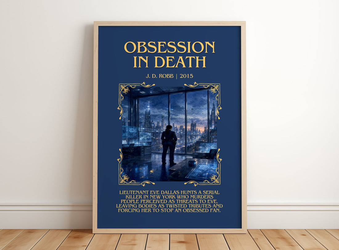 Obsession In Death Minimalist Book Poster by J. D. Robb – framed print leaning on a wooden floor