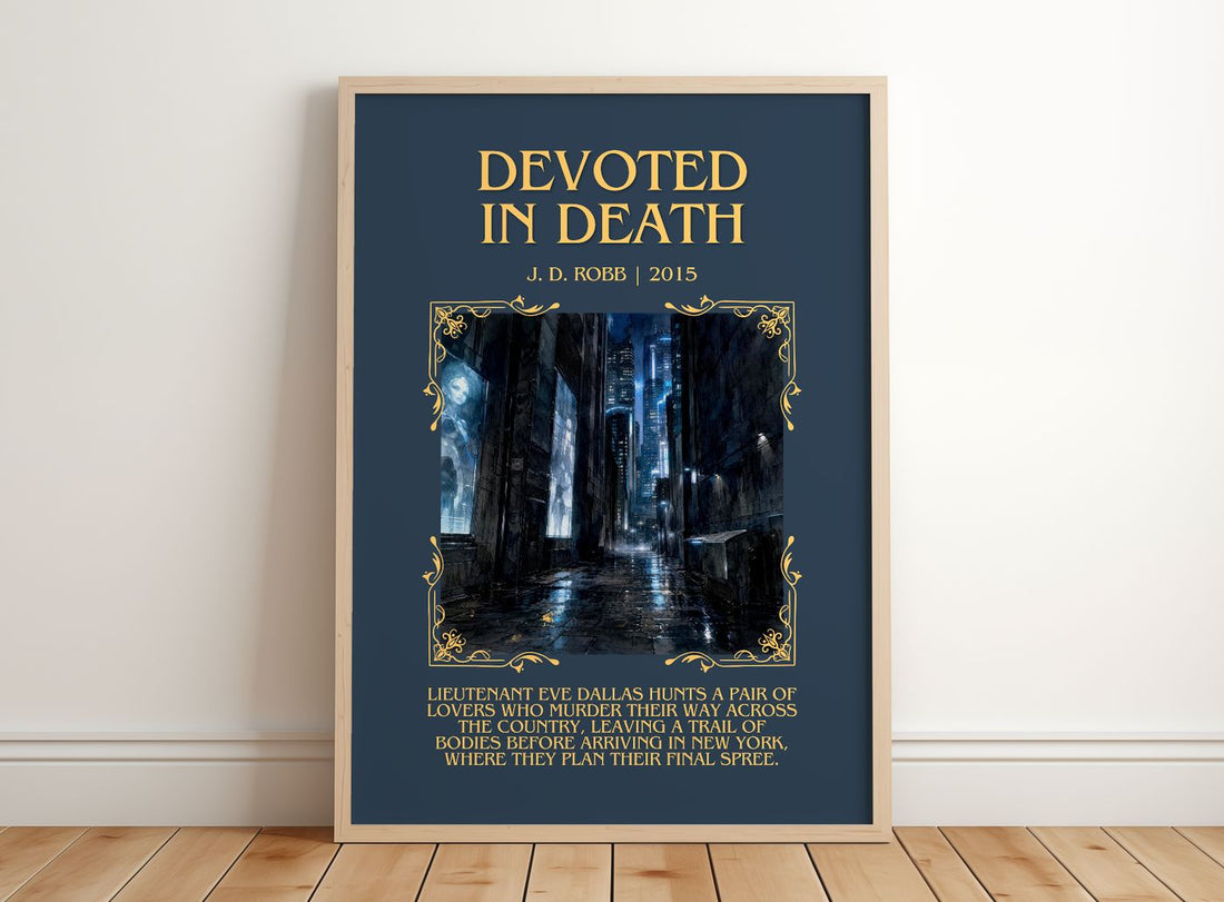 Devoted In Death Minimalist Book Poster by J. D. Robb – framed print leaning on a wooden floor