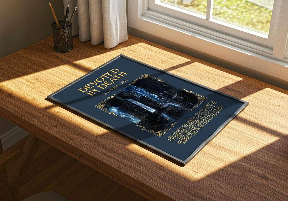 Devoted In Death Minimalist Book Poster by J. D. Robb – print on a sunlit desk