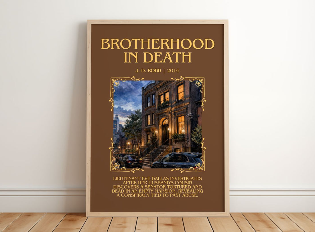 Brotherhood In Death Minimalist Book Poster by J. D. Robb – framed print leaning on a wooden floor
