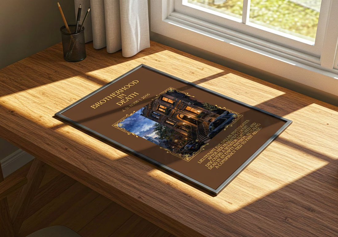 Brotherhood In Death Minimalist Book Poster by J. D. Robb – print on a sunlit desk
