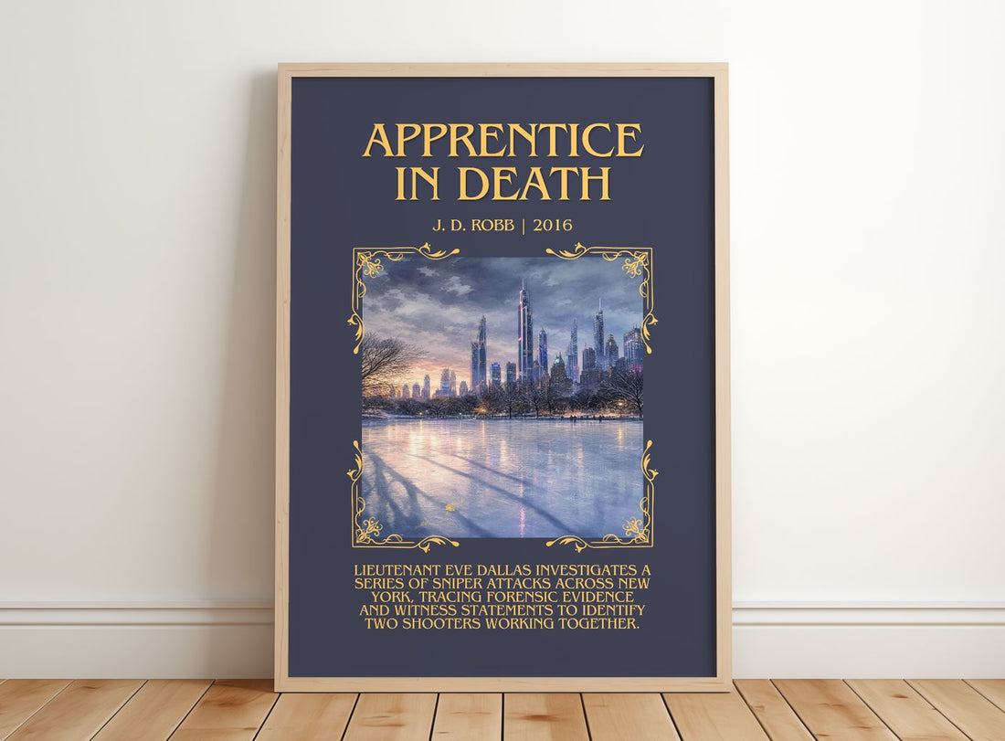 Apprentice In Death Minimalist Book Poster by J. D. Robb – framed print leaning on a wooden floor