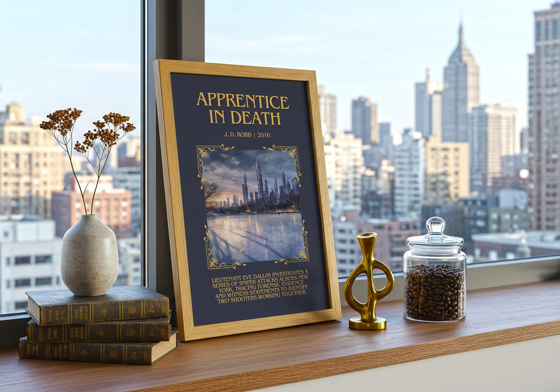 Apprentice In Death Minimalist Book Poster by J. D. Robb – framed print on a city-view windowsill