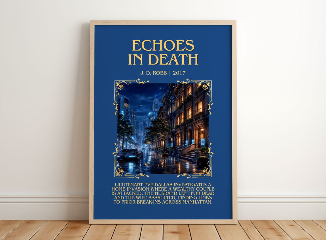 Echoes In Death Minimalist Book Poster by J. D. Robb – framed print leaning on a wooden floor