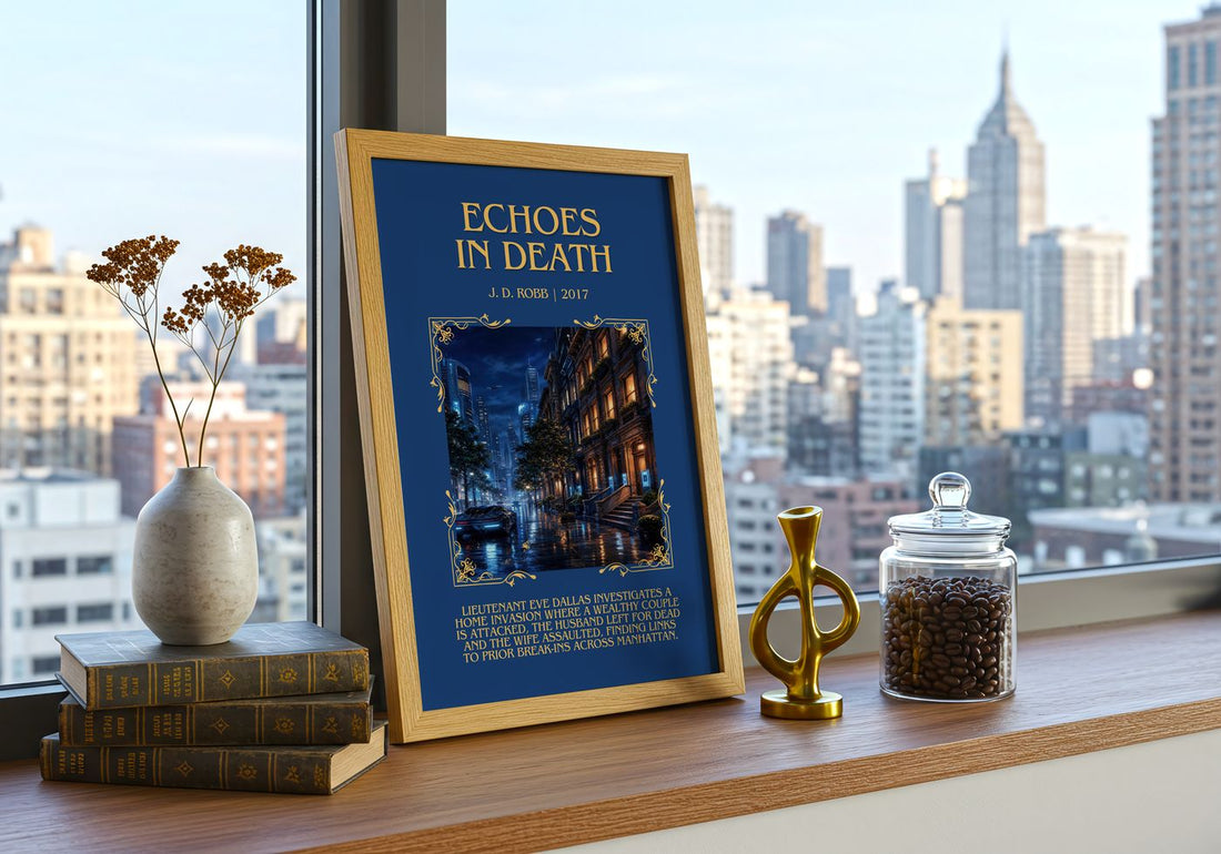 Echoes In Death Minimalist Book Poster by J. D. Robb – framed print on a city-view windowsill